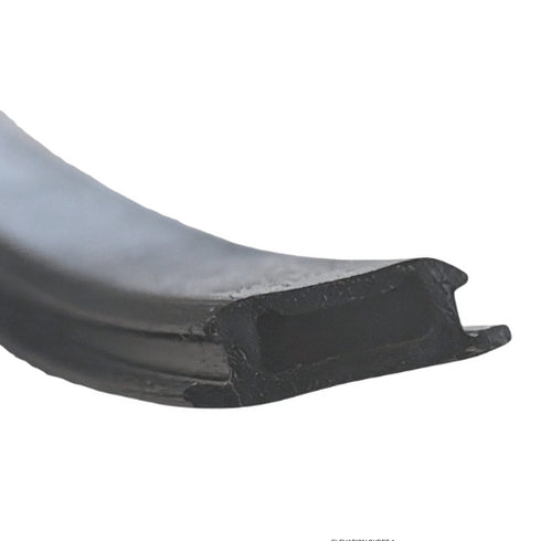 Close-up of a black rubber seal on a white background